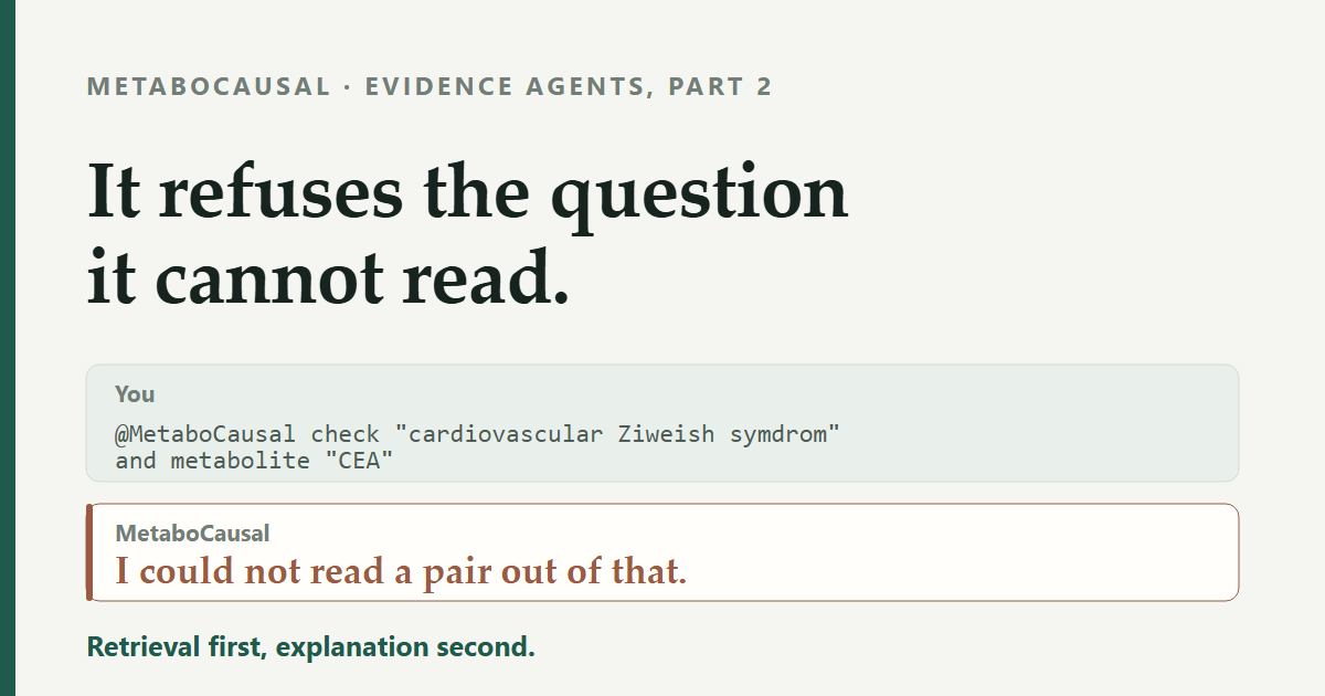 Share card: it refuses the question it cannot read — a garbled request answered with, I could not read a pair out of that