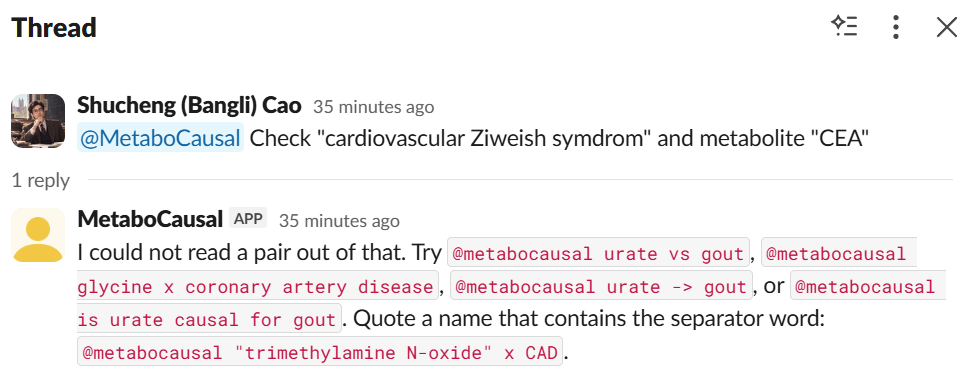 A Slack thread. The user writes: at-MetaboCausal check cardiovascular Ziweish symdrom and metabolite CEA. The bot replies that it could not read a pair out of that, and lists four example phrasings it does understand, plus how to quote a name containing the separator word.